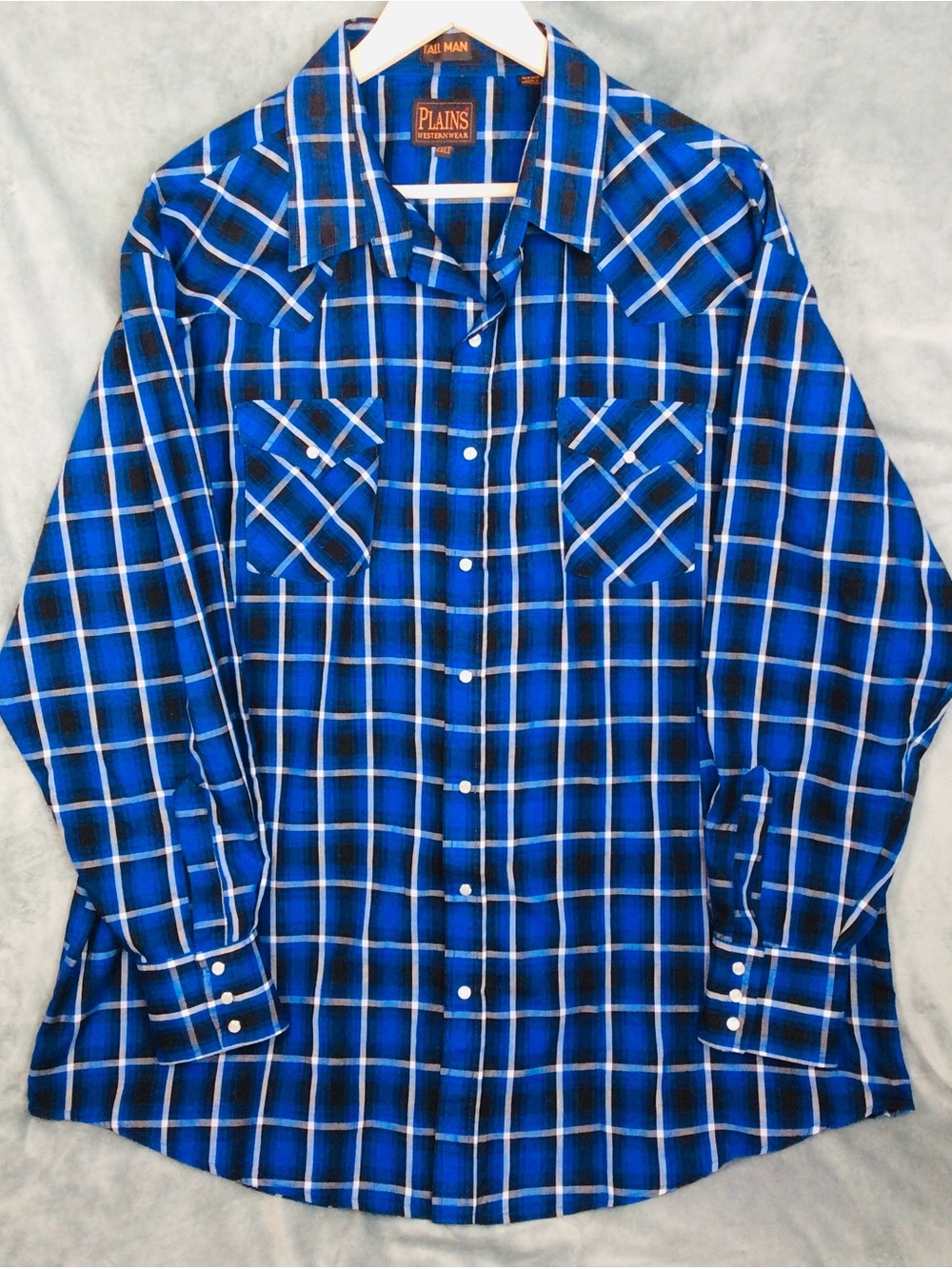 Plains Western Wear Pearl Snap Men’s Blue Plaid Button-Down Shirt
